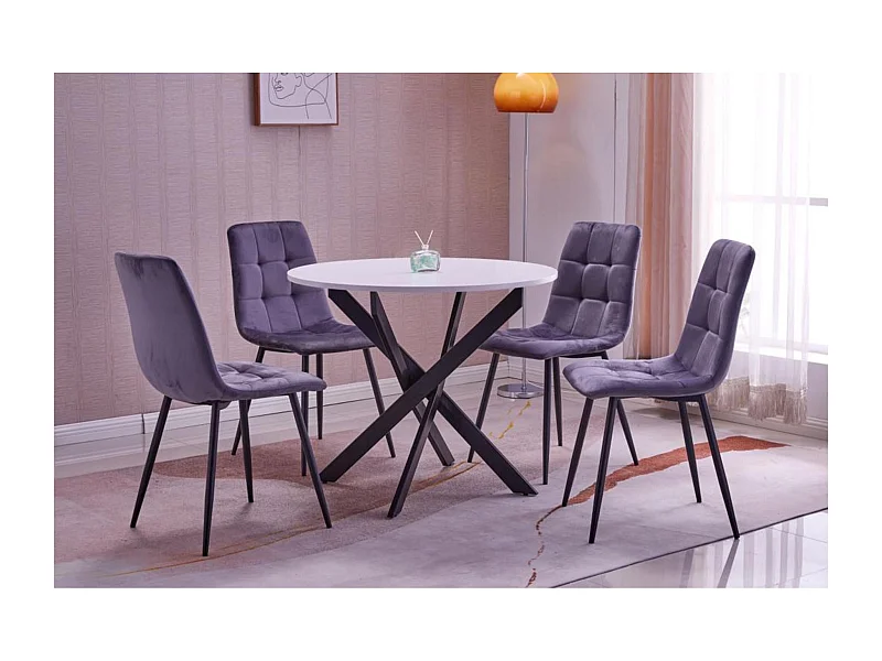 Ensemble Meubles, Lot de 4 chaises tapissées de salle à manger, Table à manger ronde, Blanc mat, Pieds noir