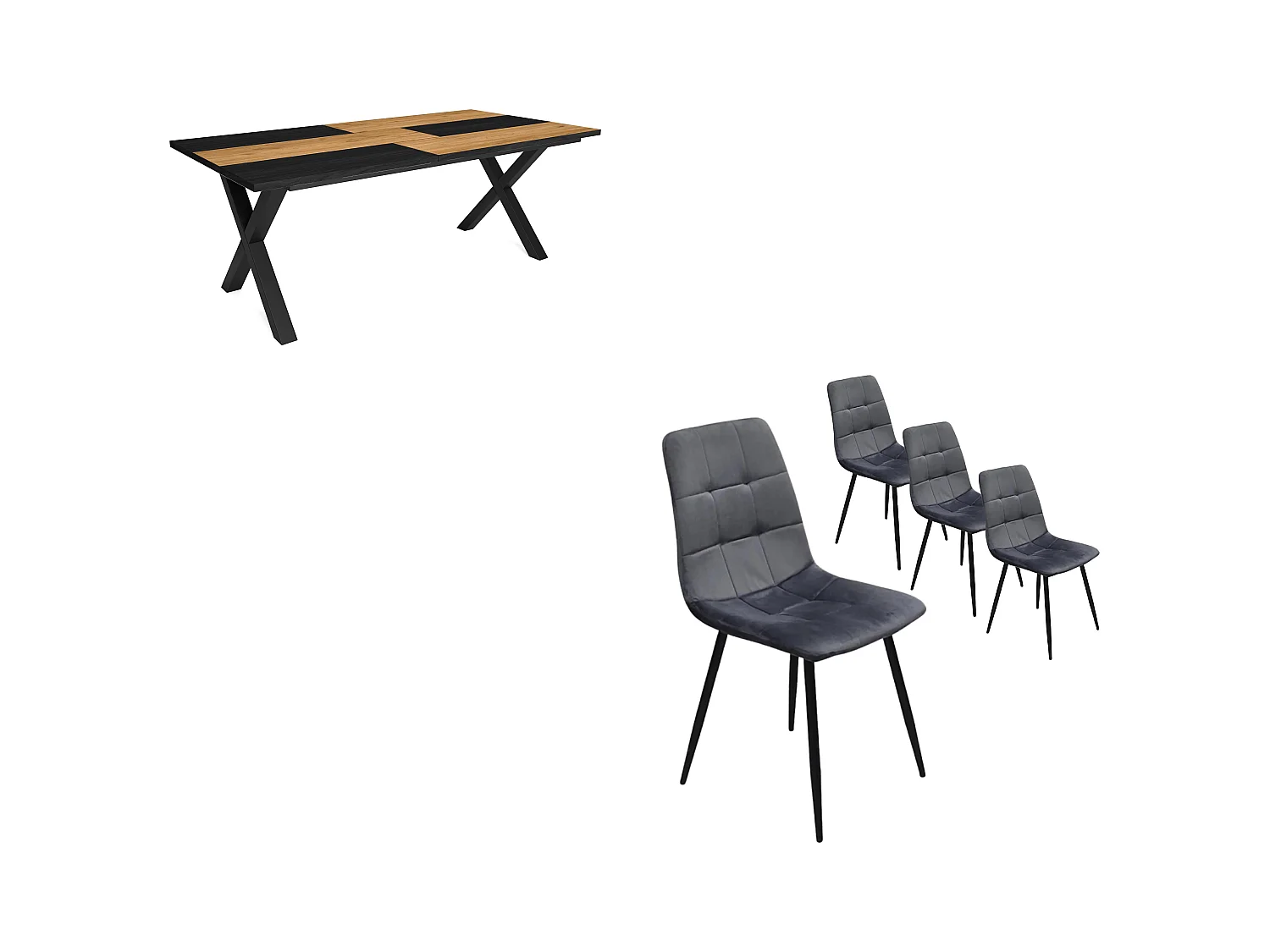 Eetkamermeubels, Tafel, 194x90x75cm, Eik en zwart, Industriële stijl, Tafel, Set van 4 Eetkamerstoelen, Gestoffeerde Stoel