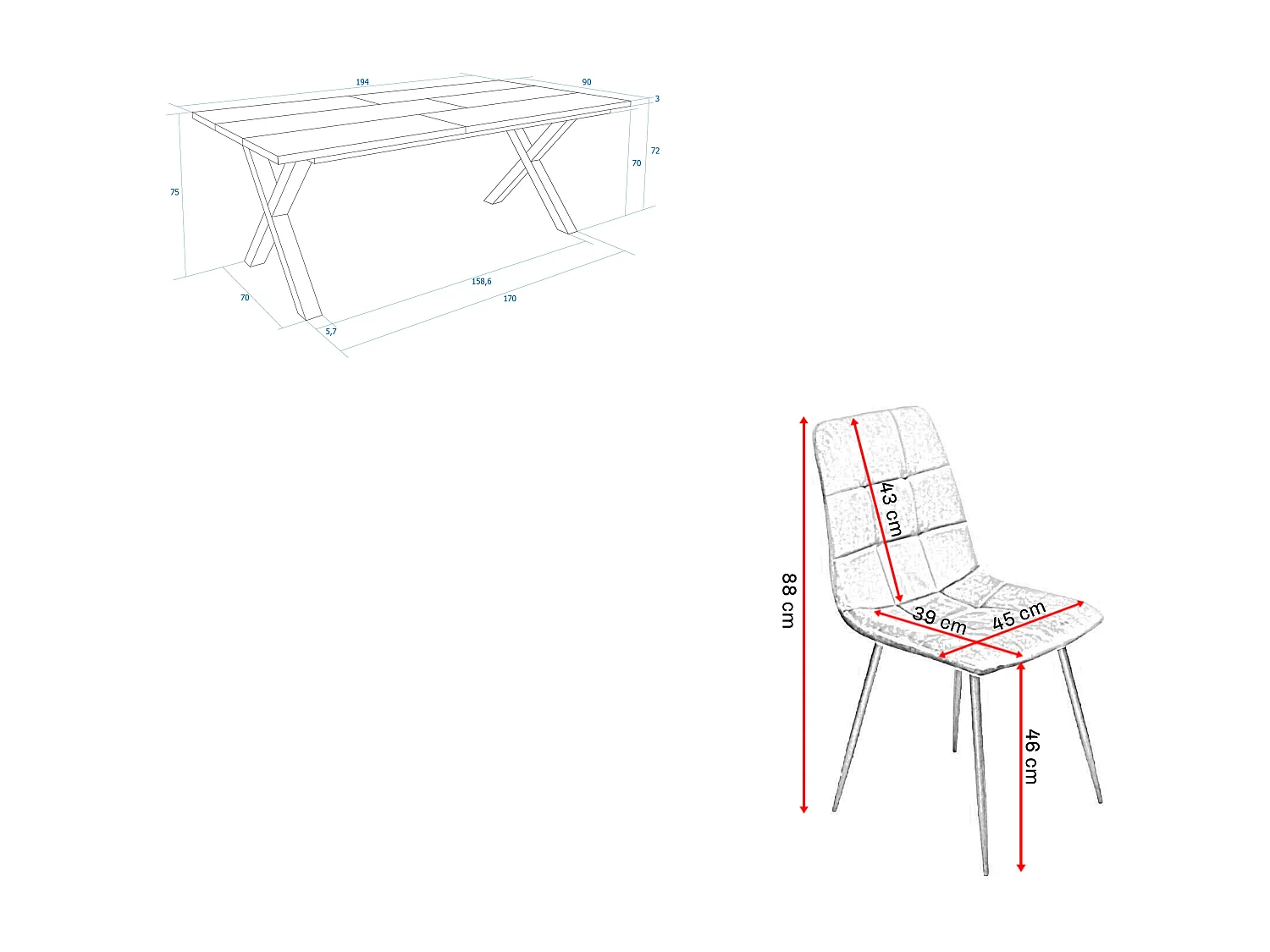 Ensemble Meubles, Table à manger, 194x90x75cm, Chêne et noir, Style industriel, Table à manger, Lot de 4 chaises de salle à manger, Chaise tapissée