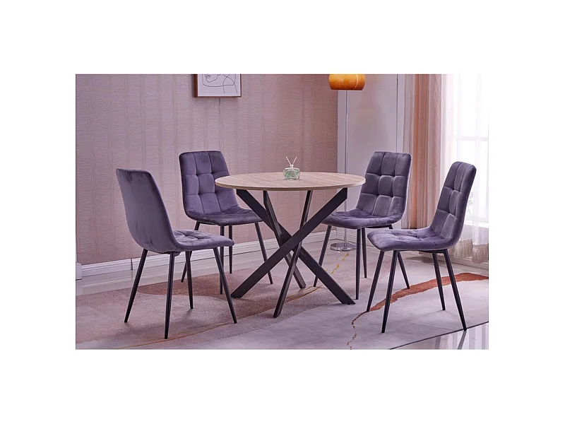 Conjunto móveis, Conjunto de 4 Cadeiras de Jantar, Cadeira Estofada, Cadeiras, Mesa de jantar redonda, Carvalho, Pés preto