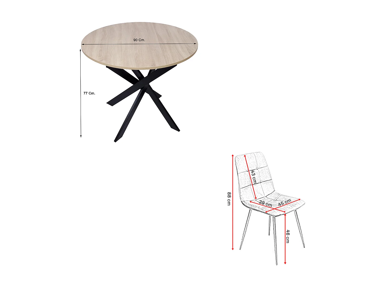 Esszimmermöbel, Packung mit 4 Esszimmerstühlen, Gepolsterter Stuhl, Esszimmerstühle, Runder Esstisch, Eiche, Schwarz beine