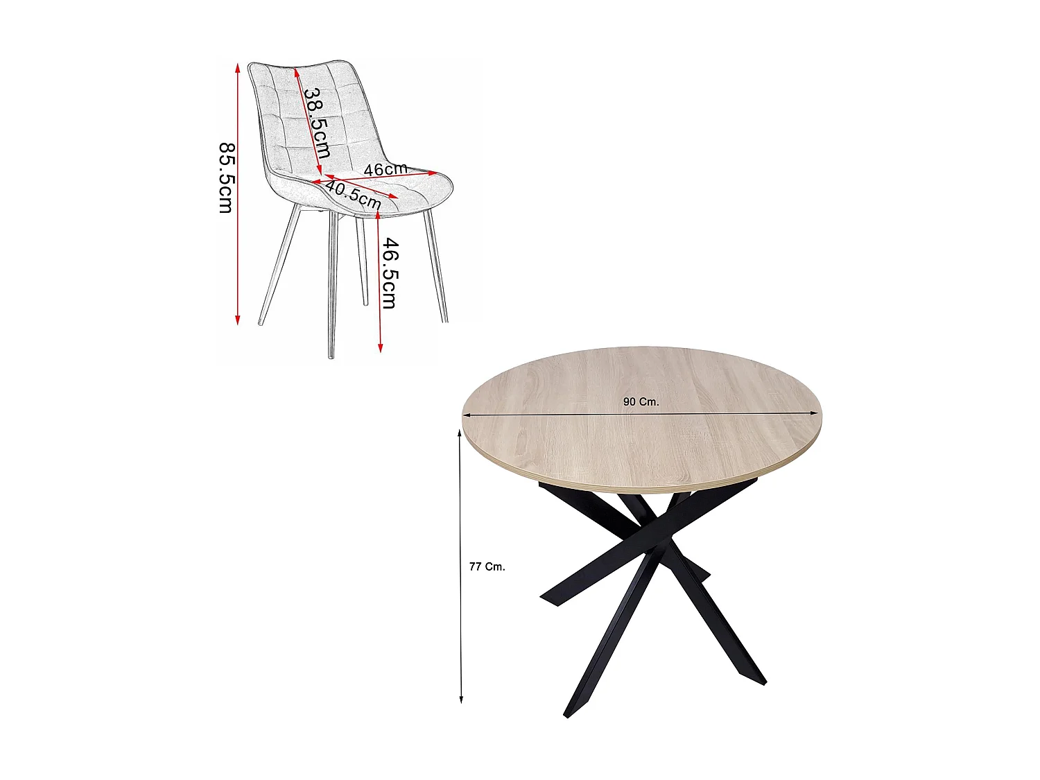 Esszimmermöbel, Packung mit 4 Esszimmerstühlen, Gepolsterter Stuhl, Esszimmerstühle, Runder Esstisch, Eiche, Schwarz beine