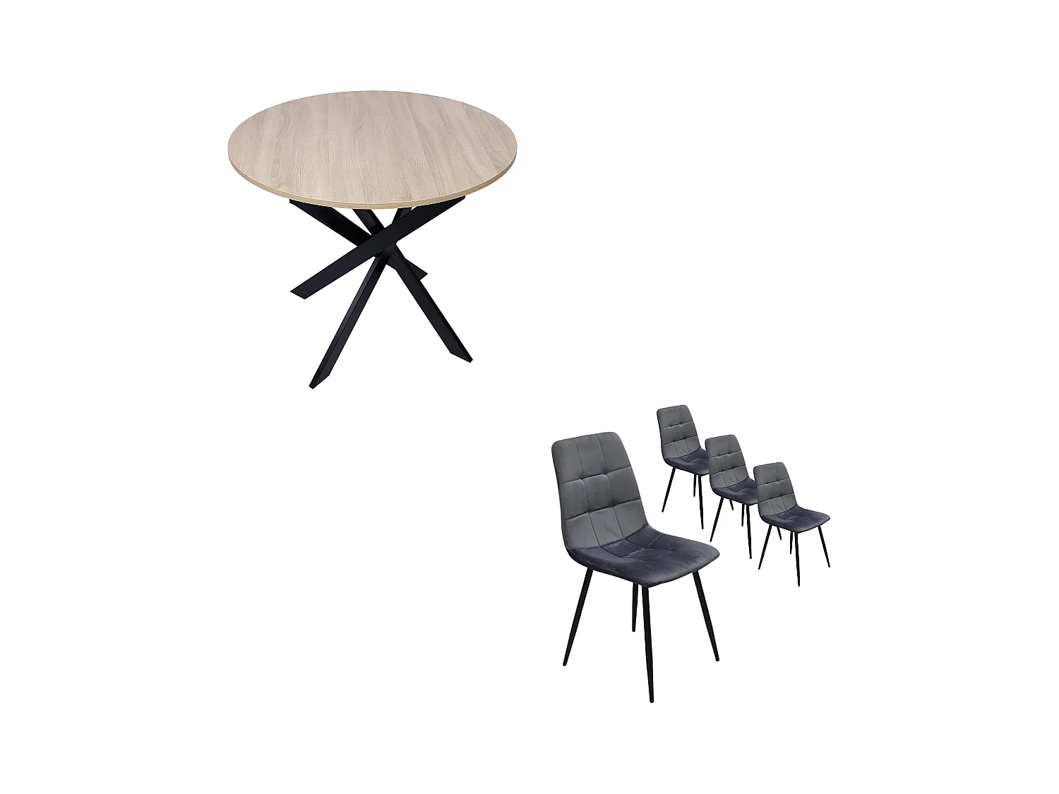 Ensemble Meubles, Lot de 4 chaises tapissées de salle à manger, Table à manger ronde fixe, Chêne, Pieds noir