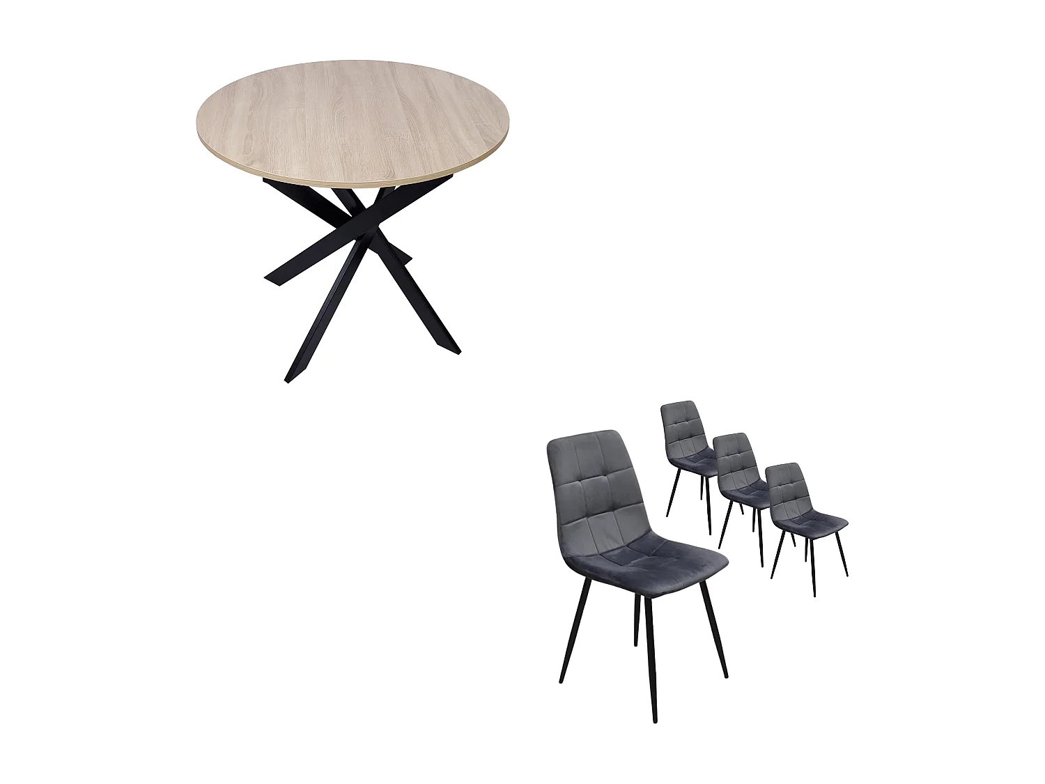 Ensemble Meubles, Lot de 4 chaises tapissées de salle à manger, Table à manger ronde fixe, Chêne, Pieds noir