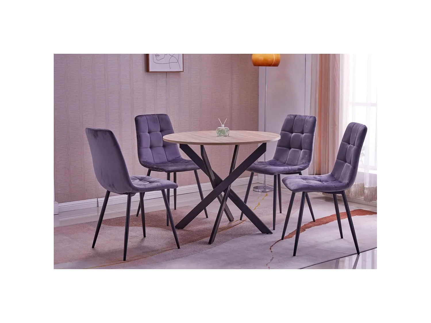 Ensemble Meubles, Lot de 4 chaises tapissées de salle à manger, Table à manger ronde fixe, Chêne, Pieds noir