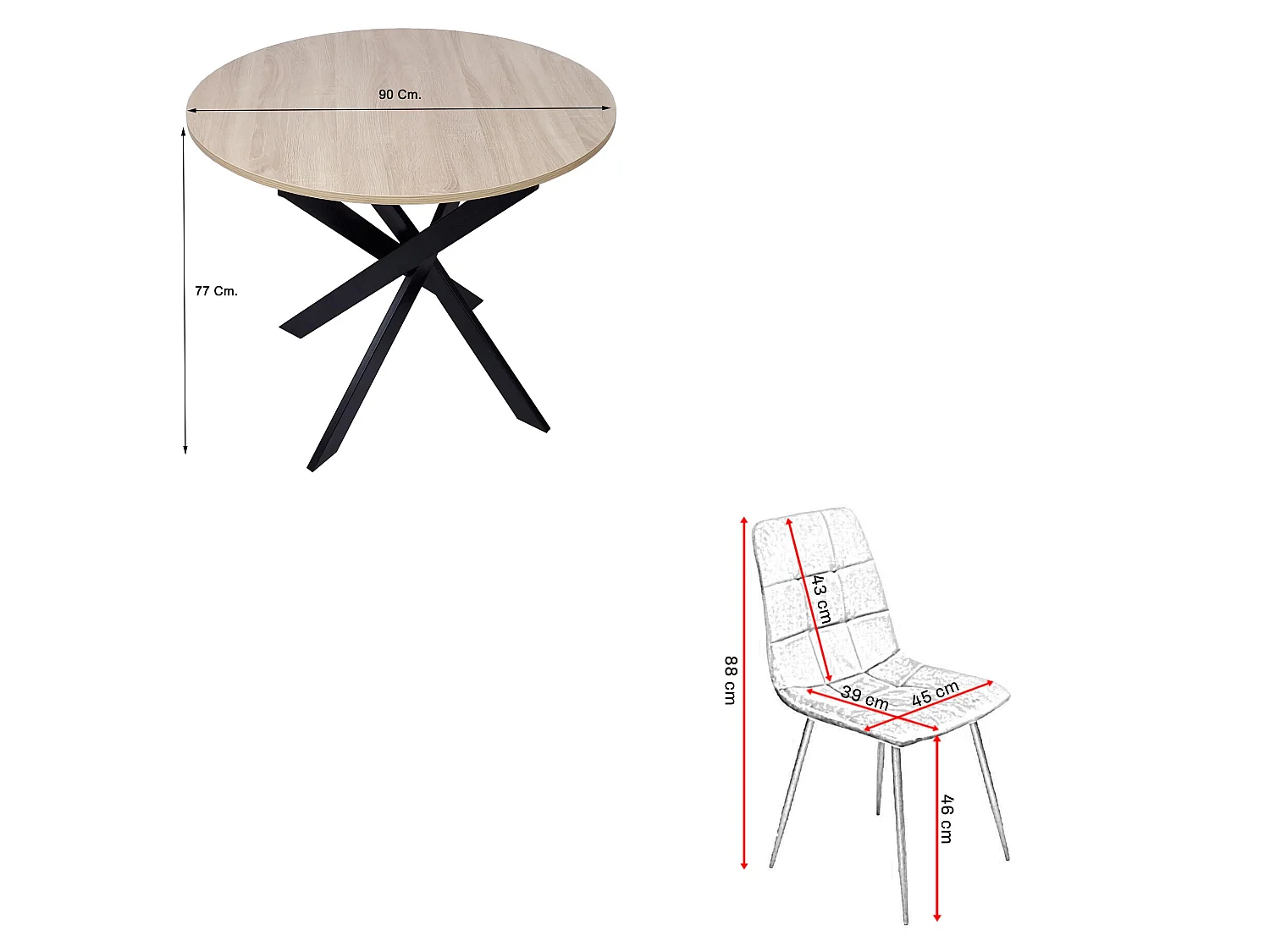 Ensemble Meubles, Lot de 4 chaises tapissées de salle à manger, Table à manger ronde fixe, Chêne, Pieds noir