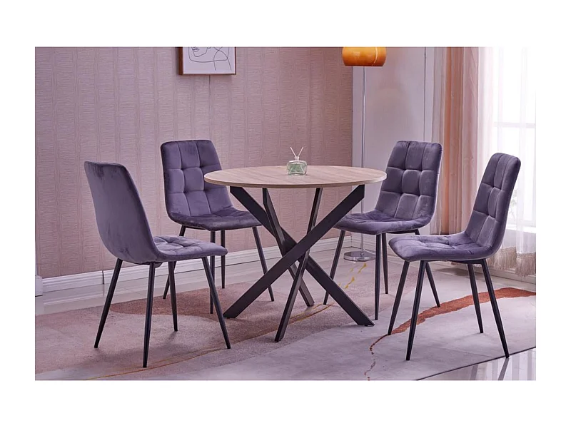 Ensemble Meubles, Lot de 4 chaises tapissées de salle à manger, Table à manger ronde fixe, Chêne, Pieds noir