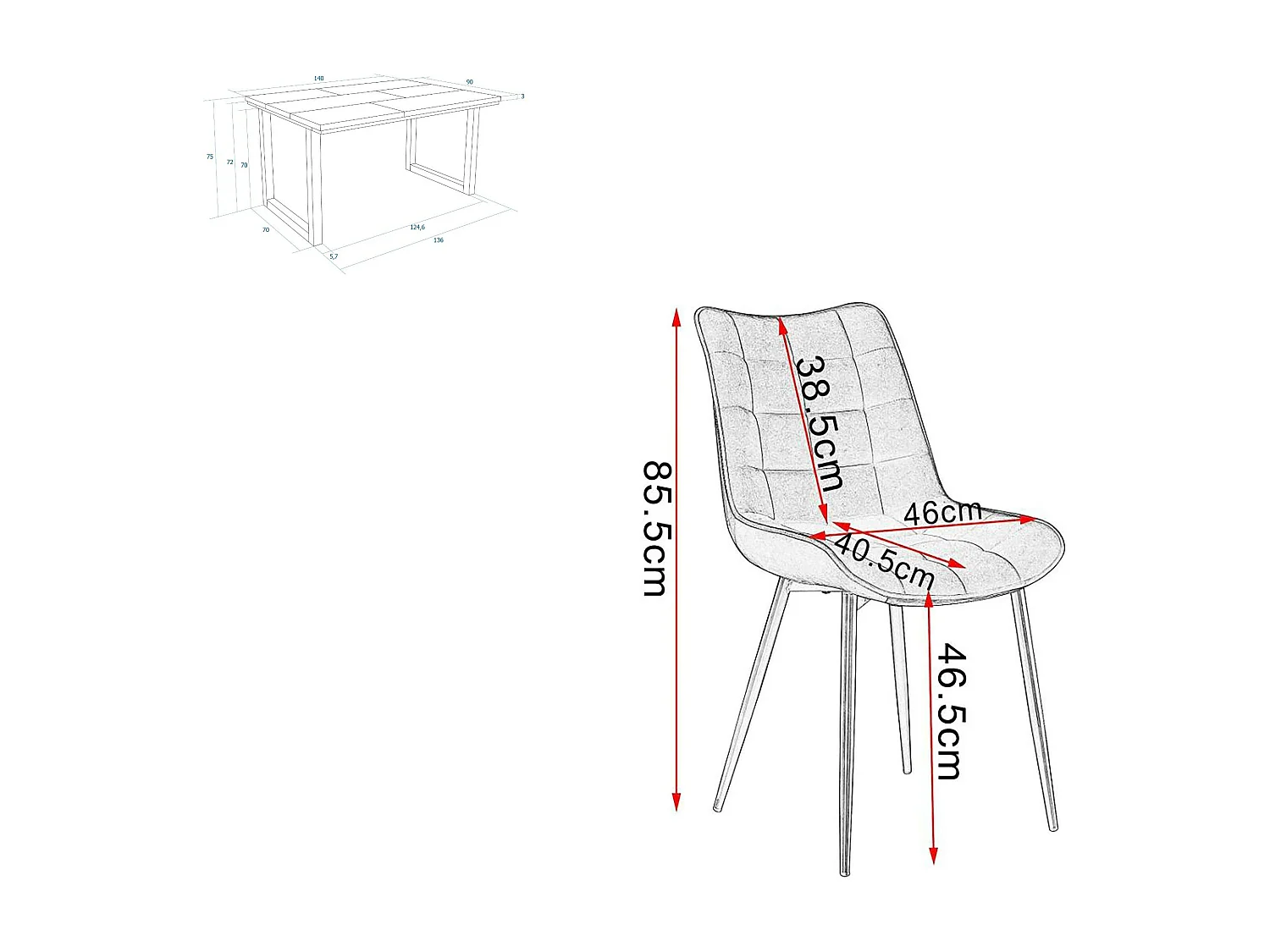 Ensemble Meubles, Table à manger, 140x90x75cm, Noir, Style industriel, Lot de 4 chaises de salle à manger