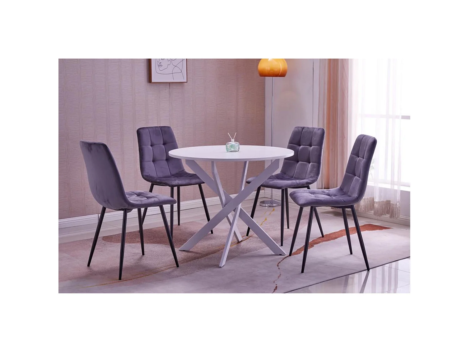 Conjunto Salón, Pack de 4 Sillas tapizadas de Comedor, Mesa fija redonda, Blanco Mate, Patas blanco
