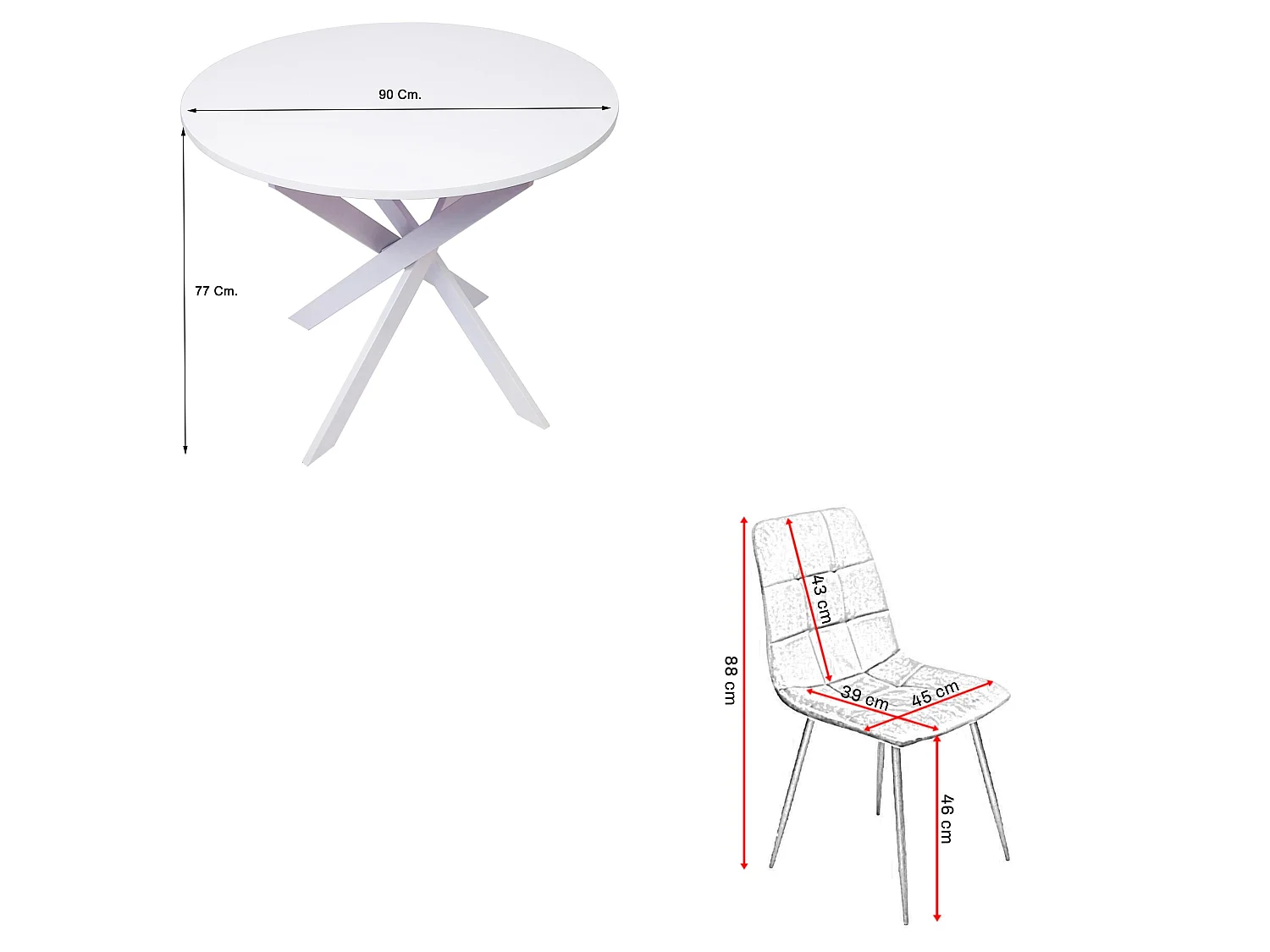 Conjunto Salón, Pack de 4 Sillas tapizadas de Comedor, Mesa fija redonda, Blanco Mate, Patas blanco