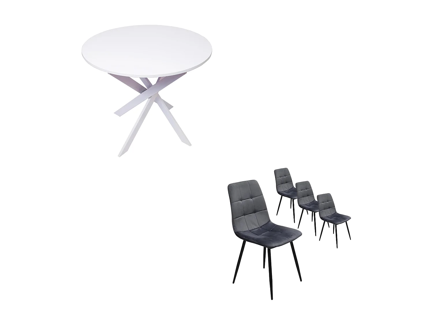 Conjunto Salón, Pack de 4 Sillas tapizadas de Comedor, Mesa fija redonda, Blanco Mate, Patas blanco