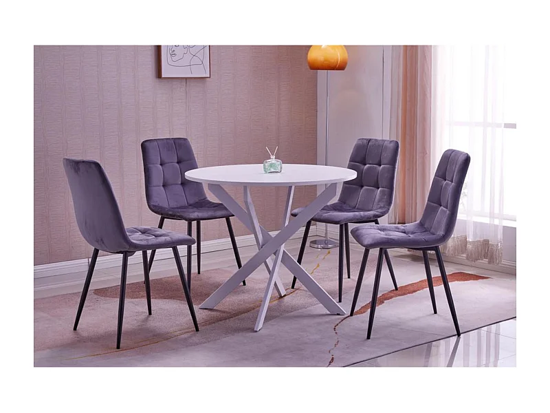 Ensemble Meubles, Lot de 4 chaises tapissées de salle à manger, Table à manger ronde, Blanc mat, Pieds blancs