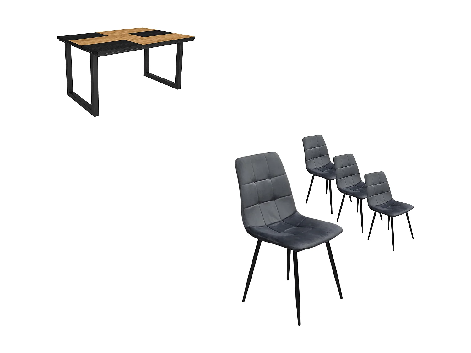 Eetkamermeubels, Tafel, 140x90x75cm, Eik en zwart, Industriële stijl, Tafel, Set van 4 Eetkamerstoelen, Gestoffeerde Stoel