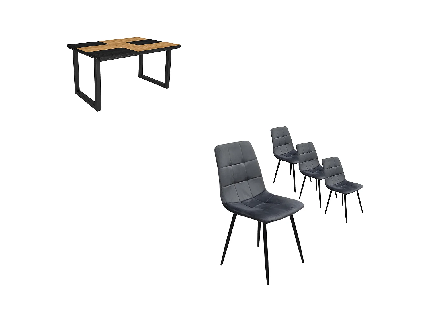 Eetkamermeubels, Tafel, 140x90x75cm, Eik en zwart, Industriële stijl, Tafel, Set van 4 Eetkamerstoelen, Gestoffeerde Stoel