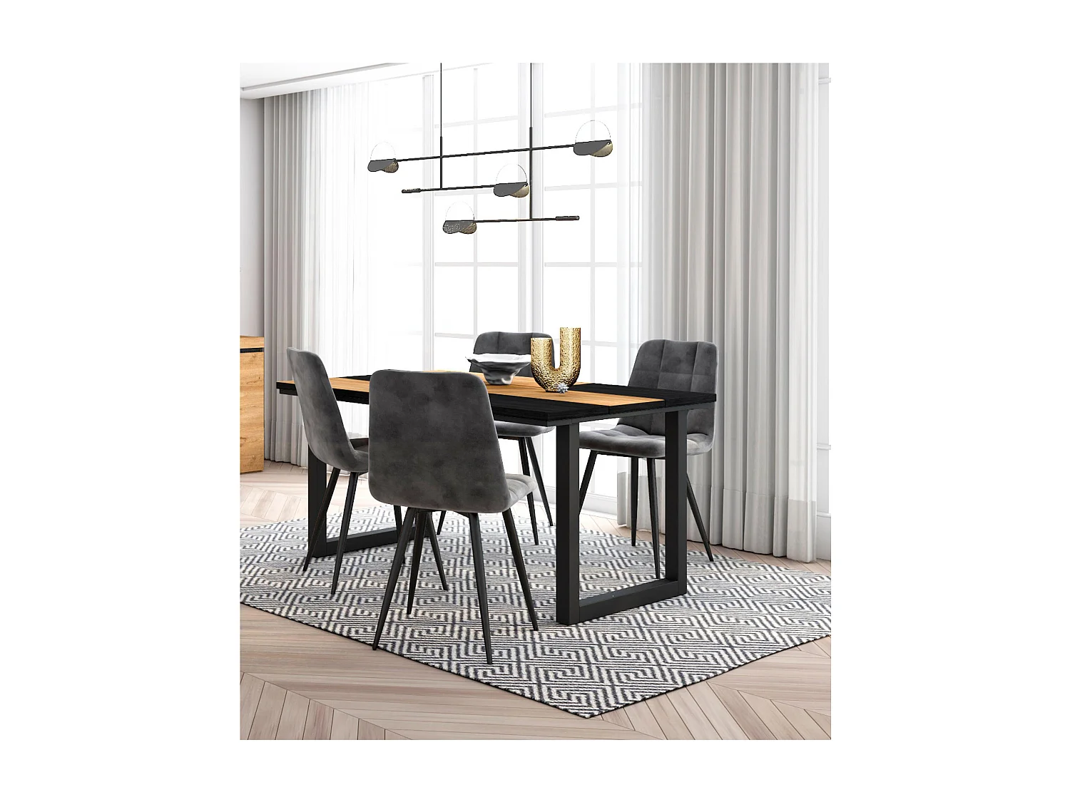 Eetkamermeubels, Tafel, 140x90x75cm, Eik en zwart, Industriële stijl, Tafel, Set van 4 Eetkamerstoelen, Gestoffeerde Stoel