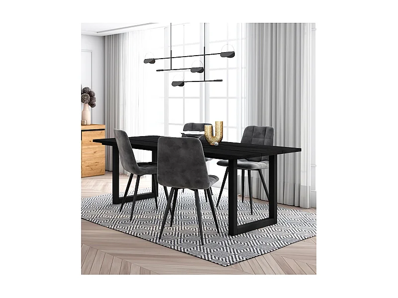 Conjunto móveis, Mesa de sala de jantar, 200, Preto, Estilo industrial, Mesa Jantar, Conjunto de 4 Cadeiras de Jantar, Cadeira Estofada