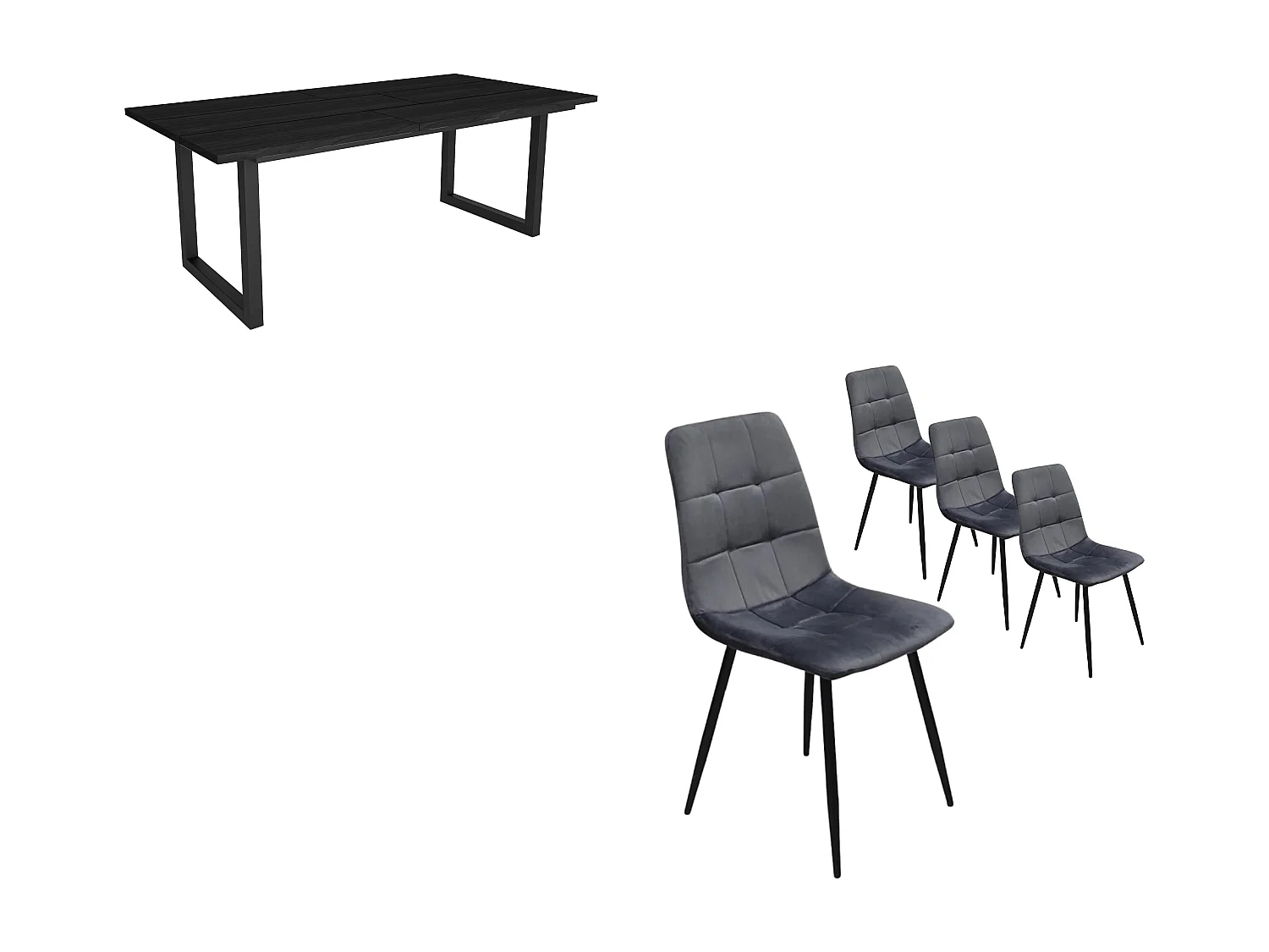 Eetkamermeubels, Tafel, 194x90x75cm, Zwart, Industriële stijl, Tafel, Set van 4 Eetkamerstoelen, Gestoffeerde Stoel