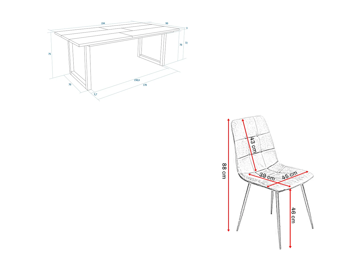 Eetkamermeubels, Tafel, 194x90x75cm, Zwart, Industriële stijl, Tafel, Set van 4 Eetkamerstoelen, Gestoffeerde Stoel