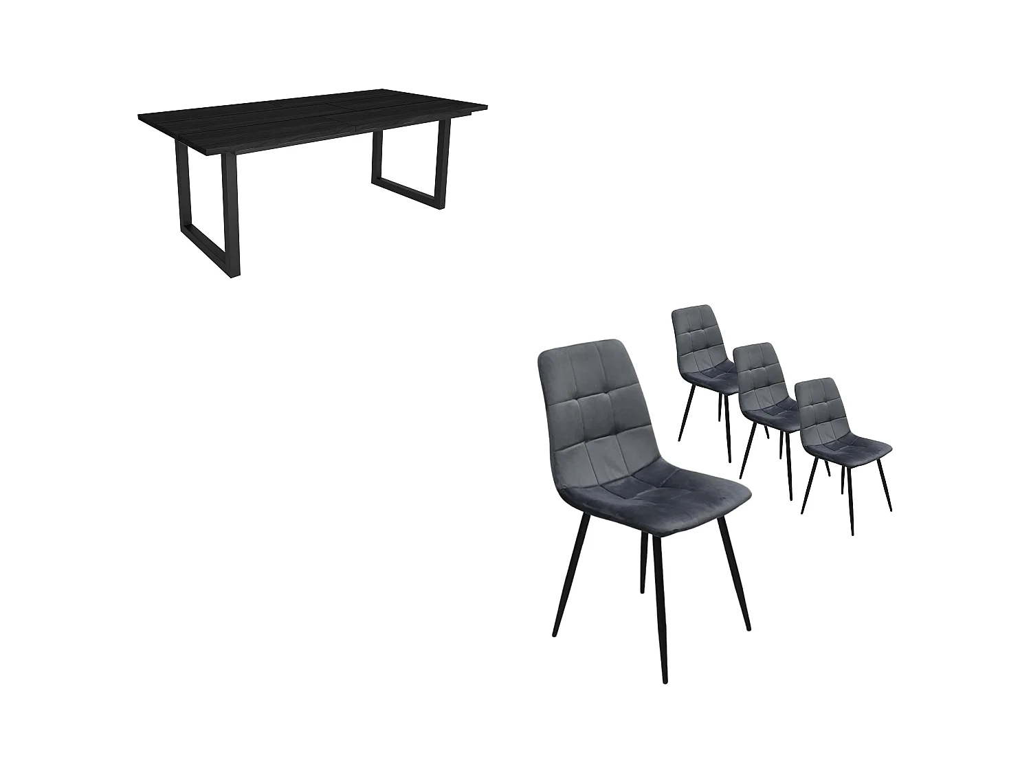 Eetkamermeubels, Tafel, 194x90x75cm, Zwart, Industriële stijl, Tafel, Set van 4 Eetkamerstoelen, Gestoffeerde Stoel