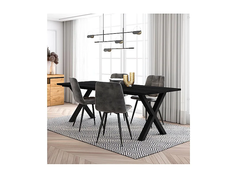 Conjunto móveis, Mesa de sala de jantar, 200, Preto, Estilo industrial, Mesa Jantar, Conjunto de 4 Cadeiras de Jantar, Cadeira Estofada