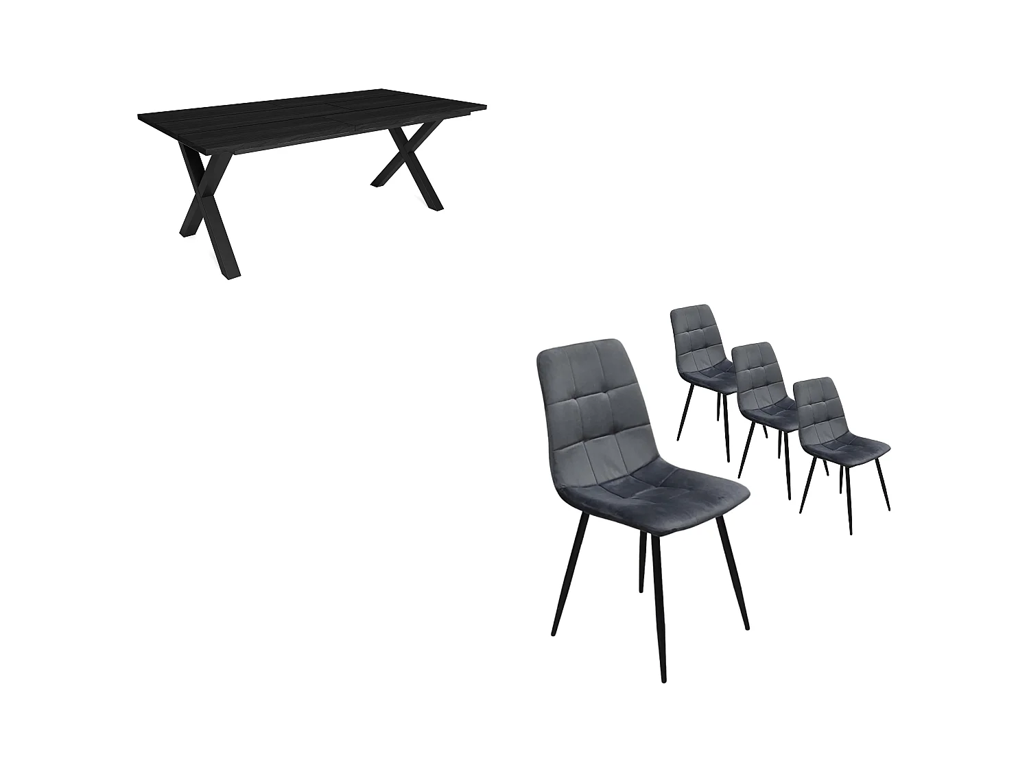 Eetkamermeubels, Tafel, 194x90x75cm, Zwart, Industriële stijl, Tafel, Set van 4 Eetkamerstoelen, Gestoffeerde Stoel
