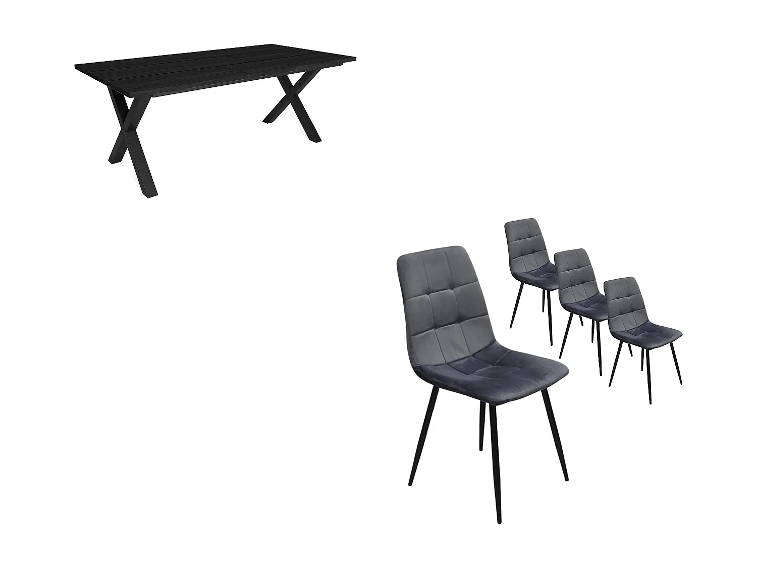 Ensemble Meubles, Table à manger, 194x90x75cm, Noir, Style industriel, Table à manger, Lot de 4 chaises de salle à manger, Chaise tapissée