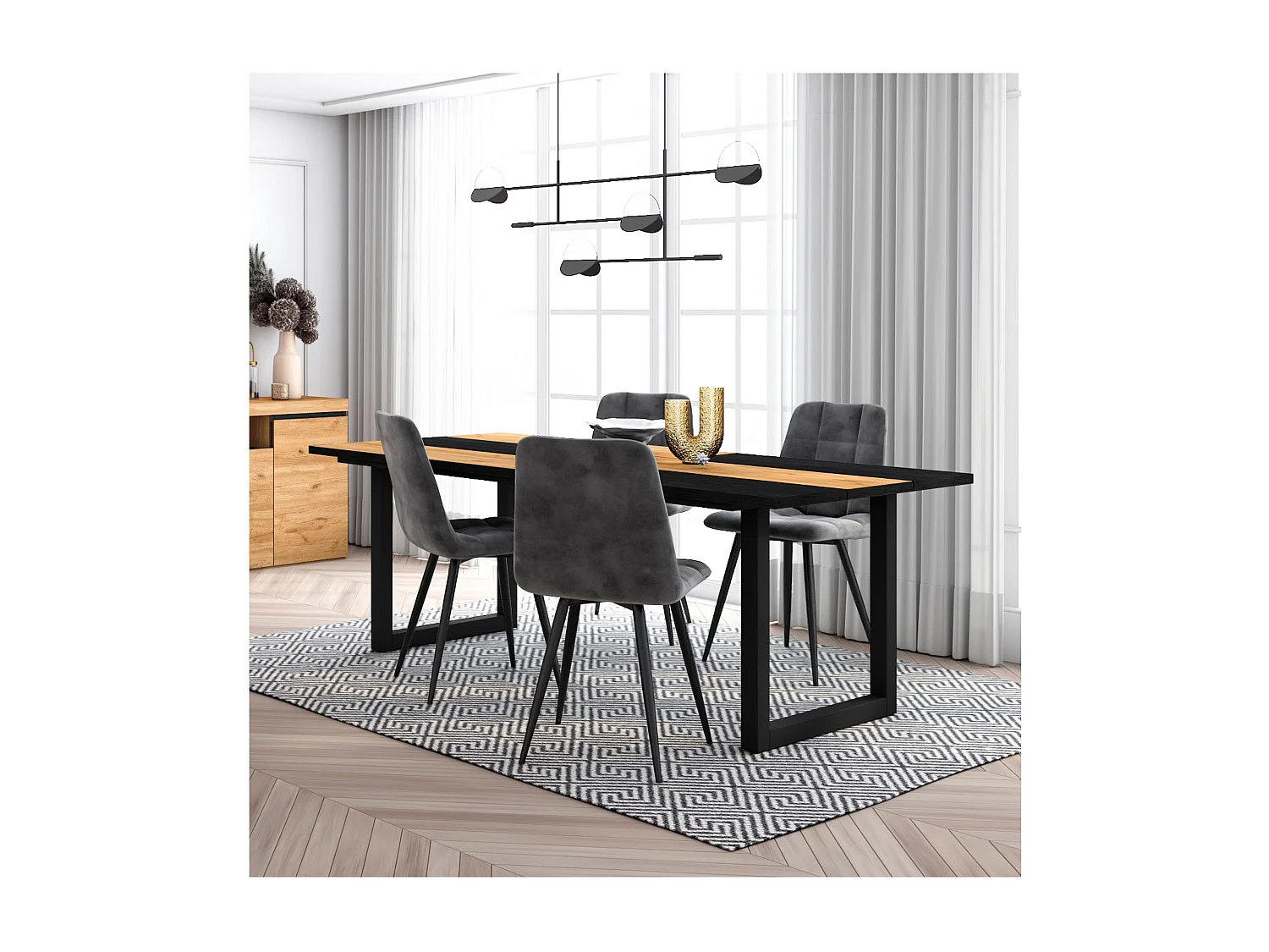 Ensemble Meubles, Table à manger, 194x90x75cm, Chêne et noir, Style industriel, Table à manger, Lot de 4 chaises de salle à manger, Chaise tapissée