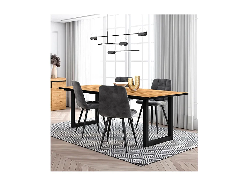 Conjunto móveis, Mesa de sala de jantar, 200, Carvalho e preta, industrial, Mesa Jantar, Conjunto de 4 Cadeiras de Jantar, Cadeira Estofada