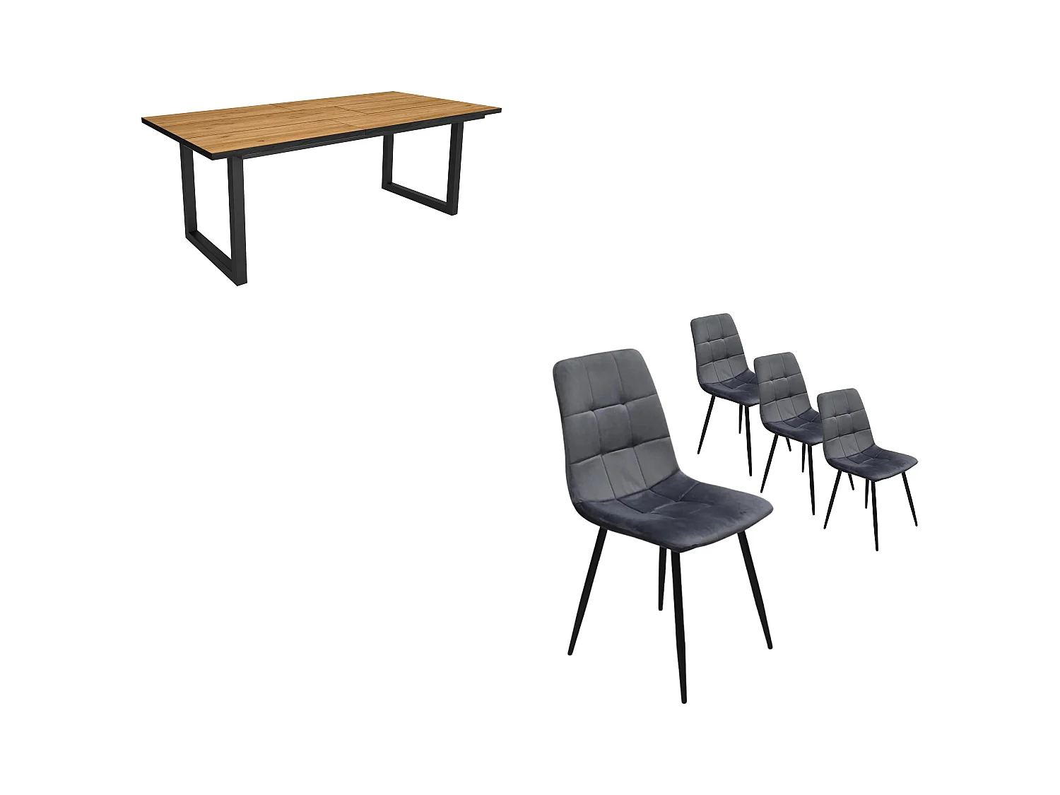 Ensemble Meubles, Table manger, 194x90x75cm,  Chêne et noir, industriel, Table à manger, Lot de 4 chaises de salle à manger, Chaise tapissée