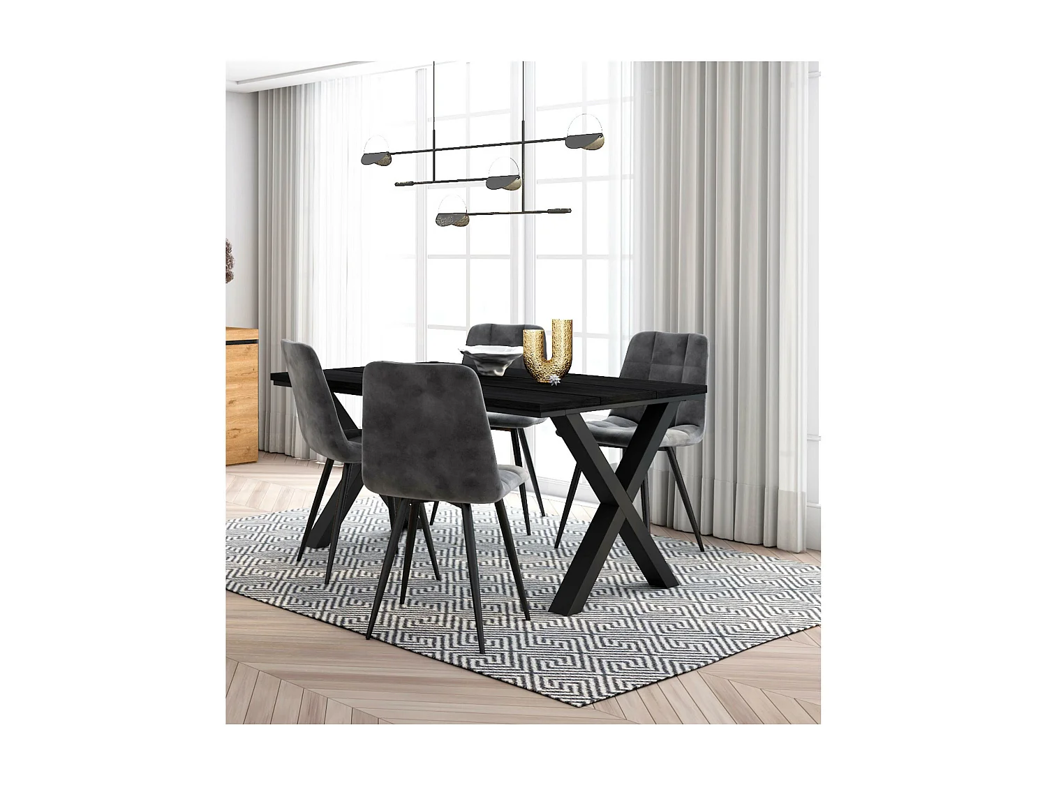 Eetkamermeubels, Tafel, 140x90x75cm, Zwart, Industriële stijl, Set van 4 Eetkamerstoelen, Gestoffeerde Stoel