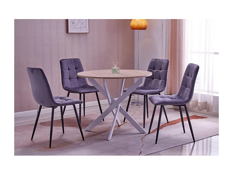 Conjunto móveis, Conjunto de 4 Cadeiras de Jantar, Cadeira Estofada, Cadeiras, Mesa de jantar redonda, Carvalho, Pés branco