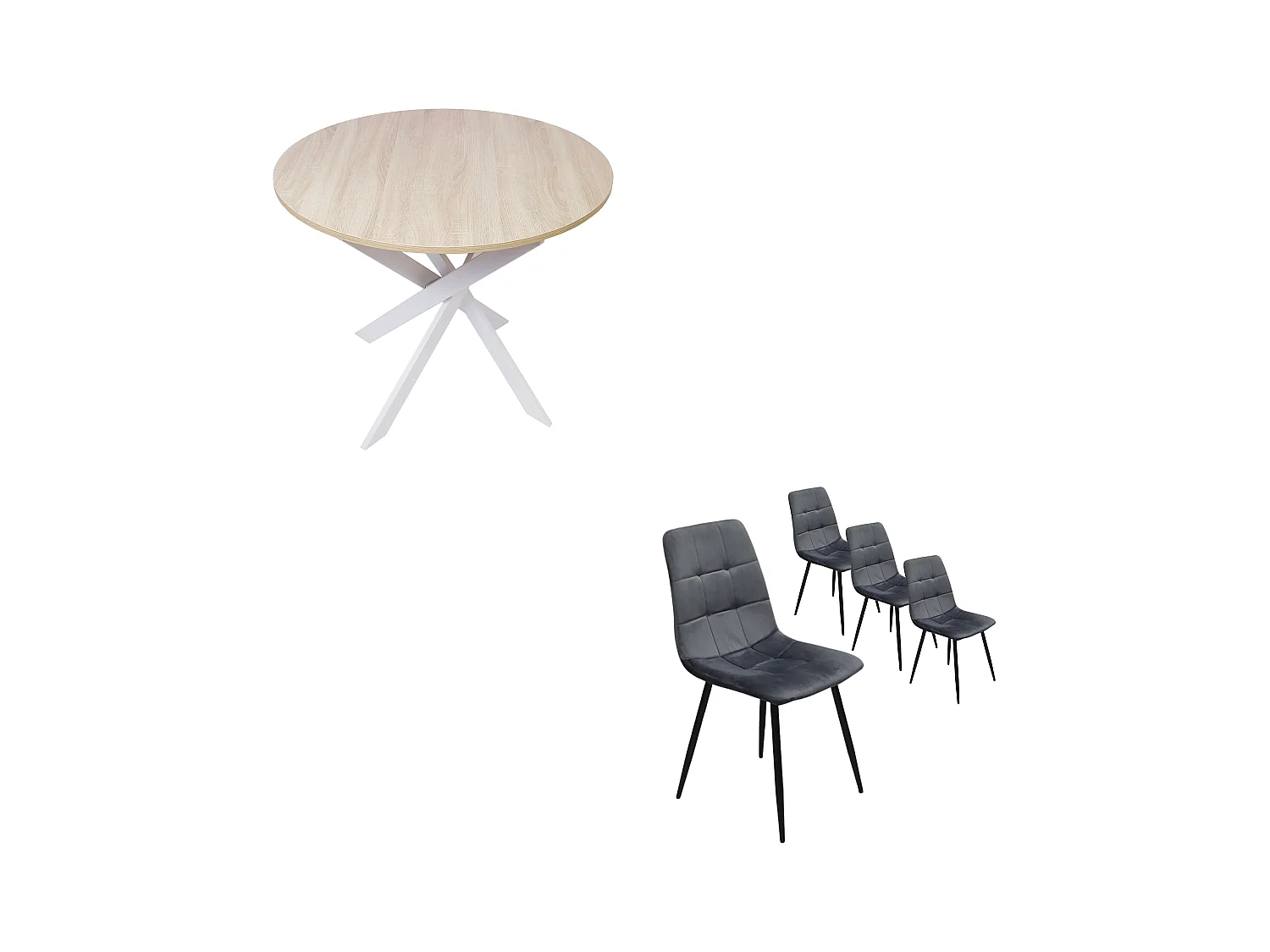 Ensemble Meubles, Lot de 4 chaises tapissées de salle à manger, Table à manger ronde fixe, Chêne, pieds blancs