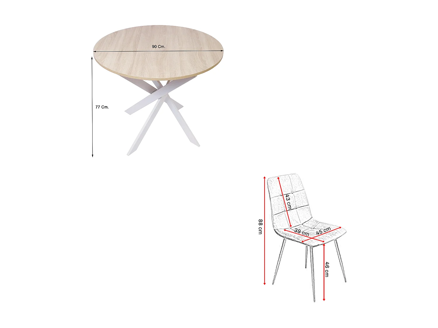 Conjunto móveis, Conjunto de 4 Cadeiras de Jantar, Cadeira Estofada, Cadeiras, Mesa de jantar redonda, Carvalho, Pés branco