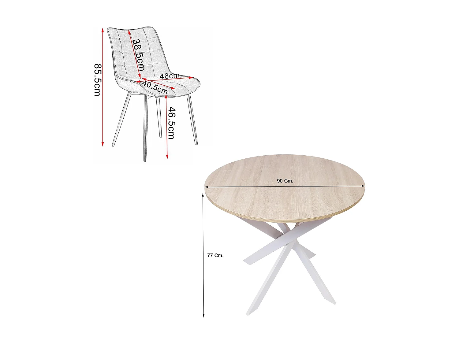 Conjunto móveis, Conjunto de 4 Cadeiras de Jantar, Cadeira Estofada, Cadeiras, Mesa de jantar redonda, Carvalho, Pés branco