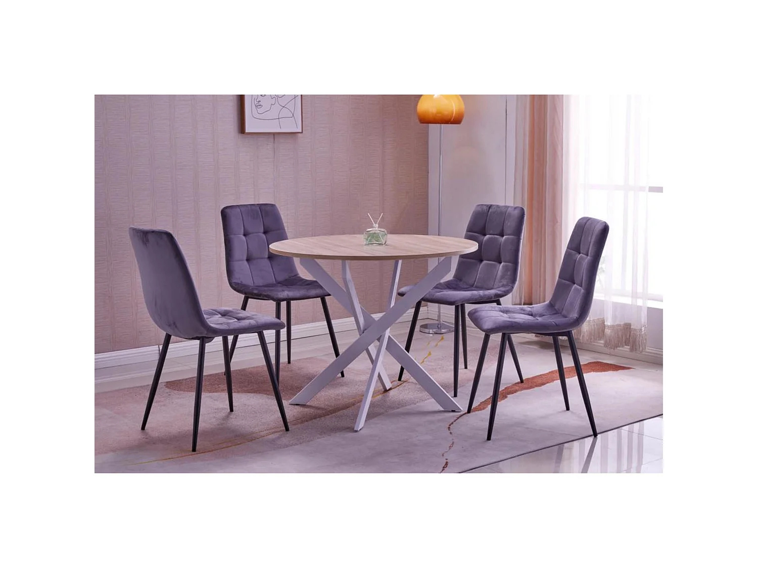Ensemble Meubles, Lot de 4 chaises tapissées de salle à manger, Table à manger ronde fixe, Chêne, pieds blancs