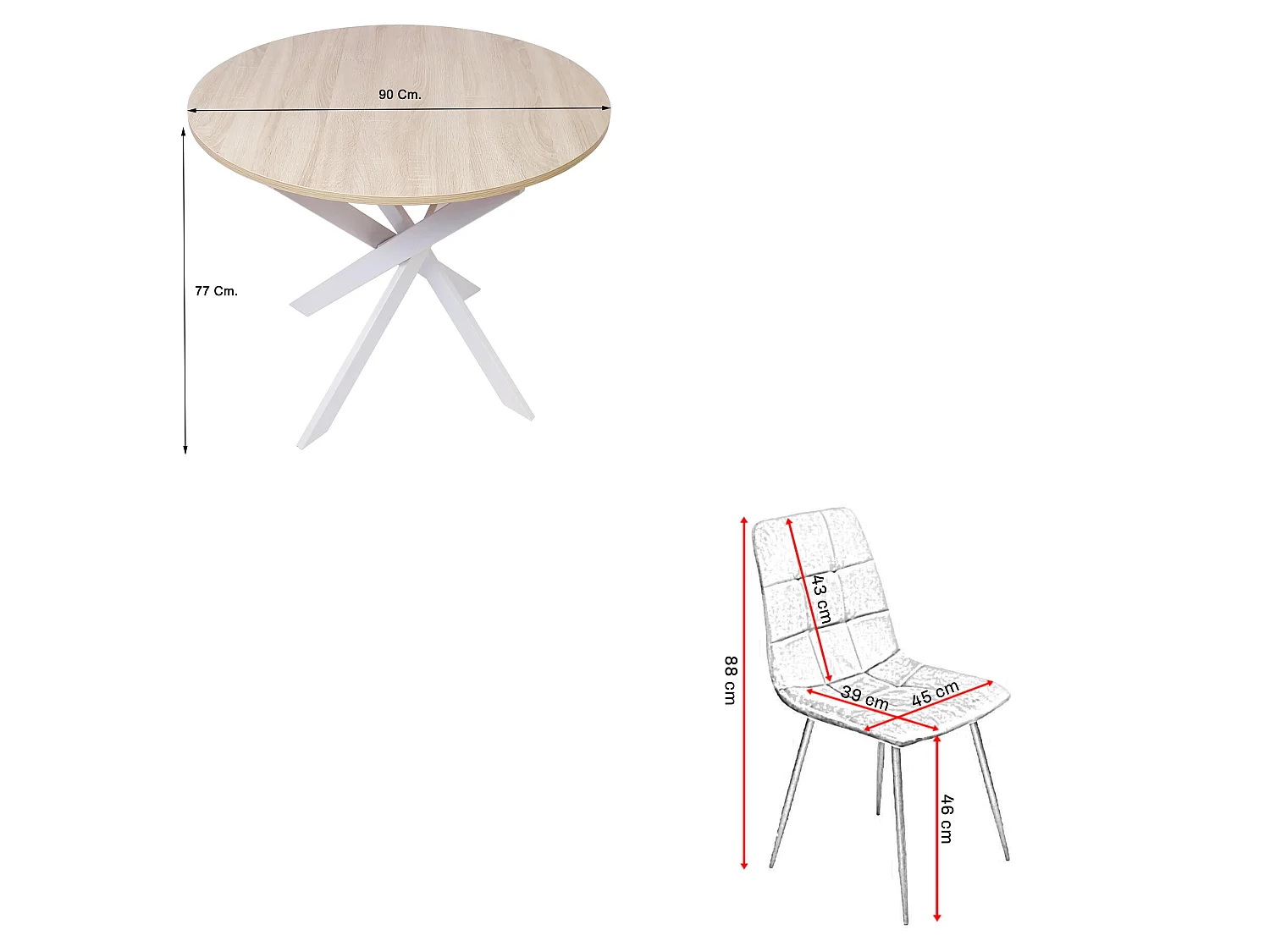 Ensemble Meubles, Lot de 4 chaises tapissées de salle à manger, Table à manger ronde fixe, Chêne, pieds blancs