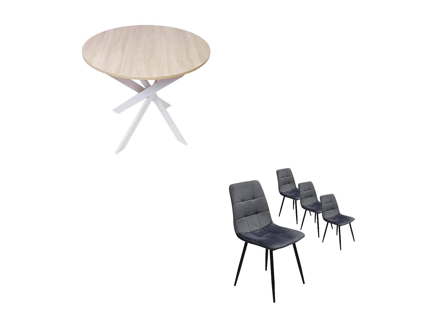 Ensemble Meubles, Lot de 4 chaises tapissées de salle à manger, Table à manger ronde fixe, Chêne, pieds blancs