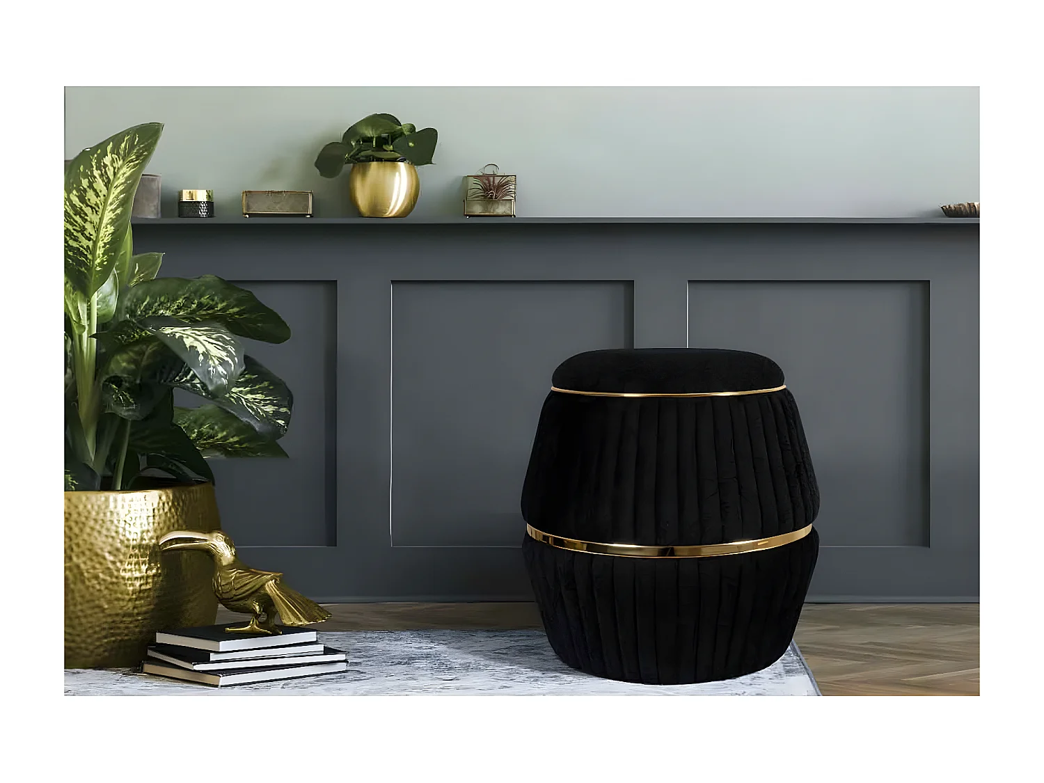 Pouf Matelassé Design "Doric" 53cm Noir & Or