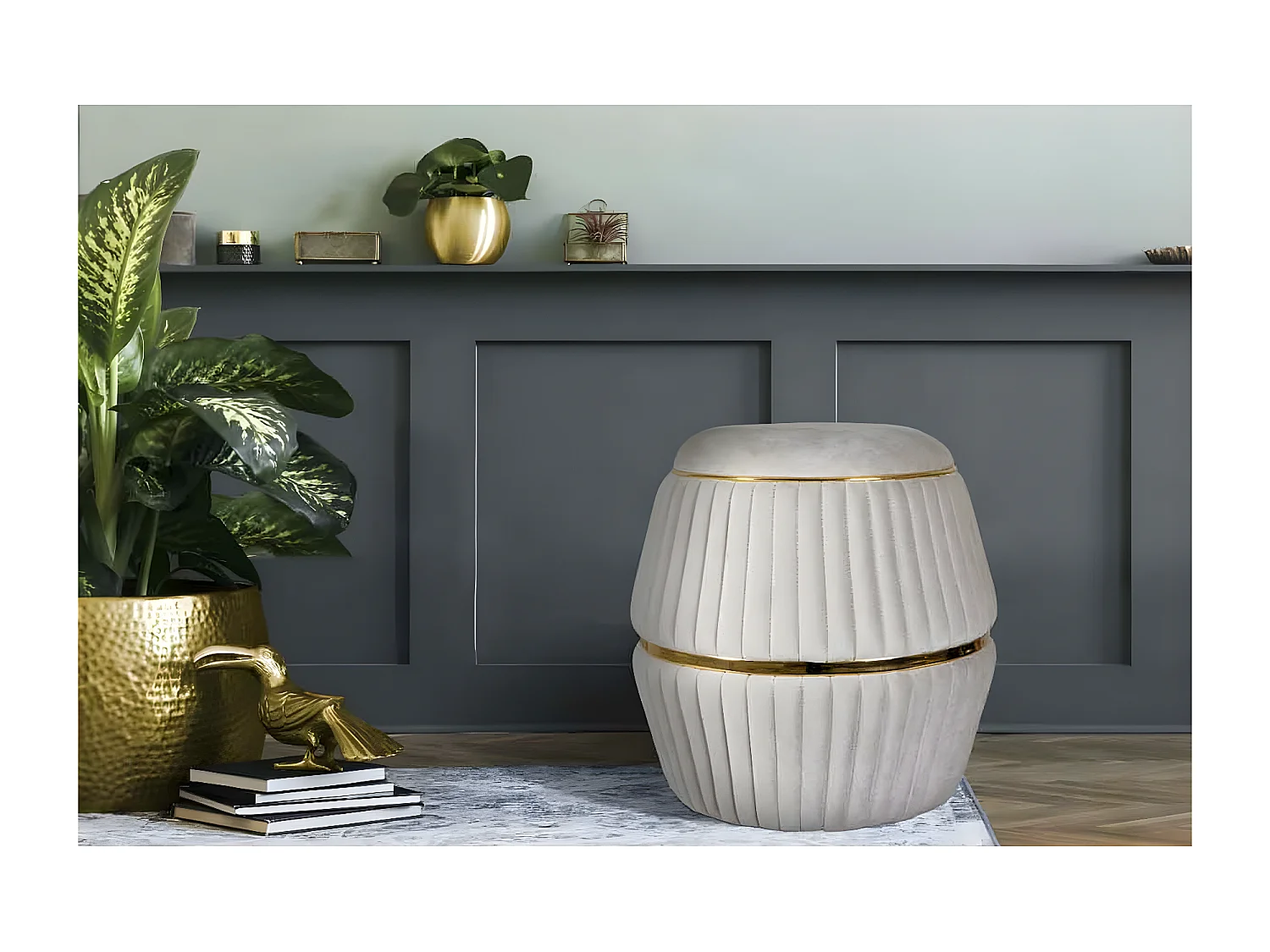 Pouf Rond Design "Doric" 53cm Taupe & Or