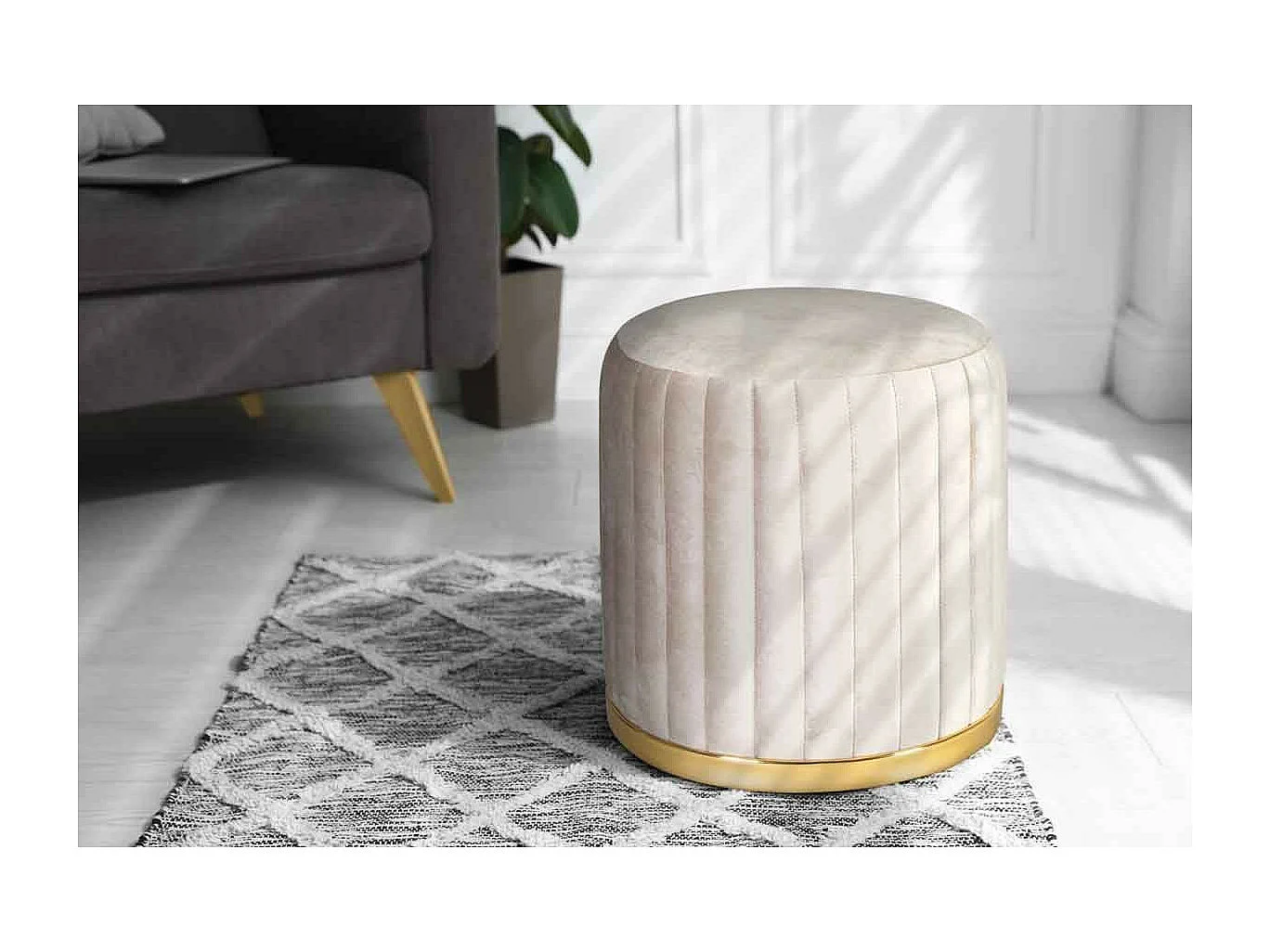 Tabouret Rond Design "Doric" 46cm Taupe & Or