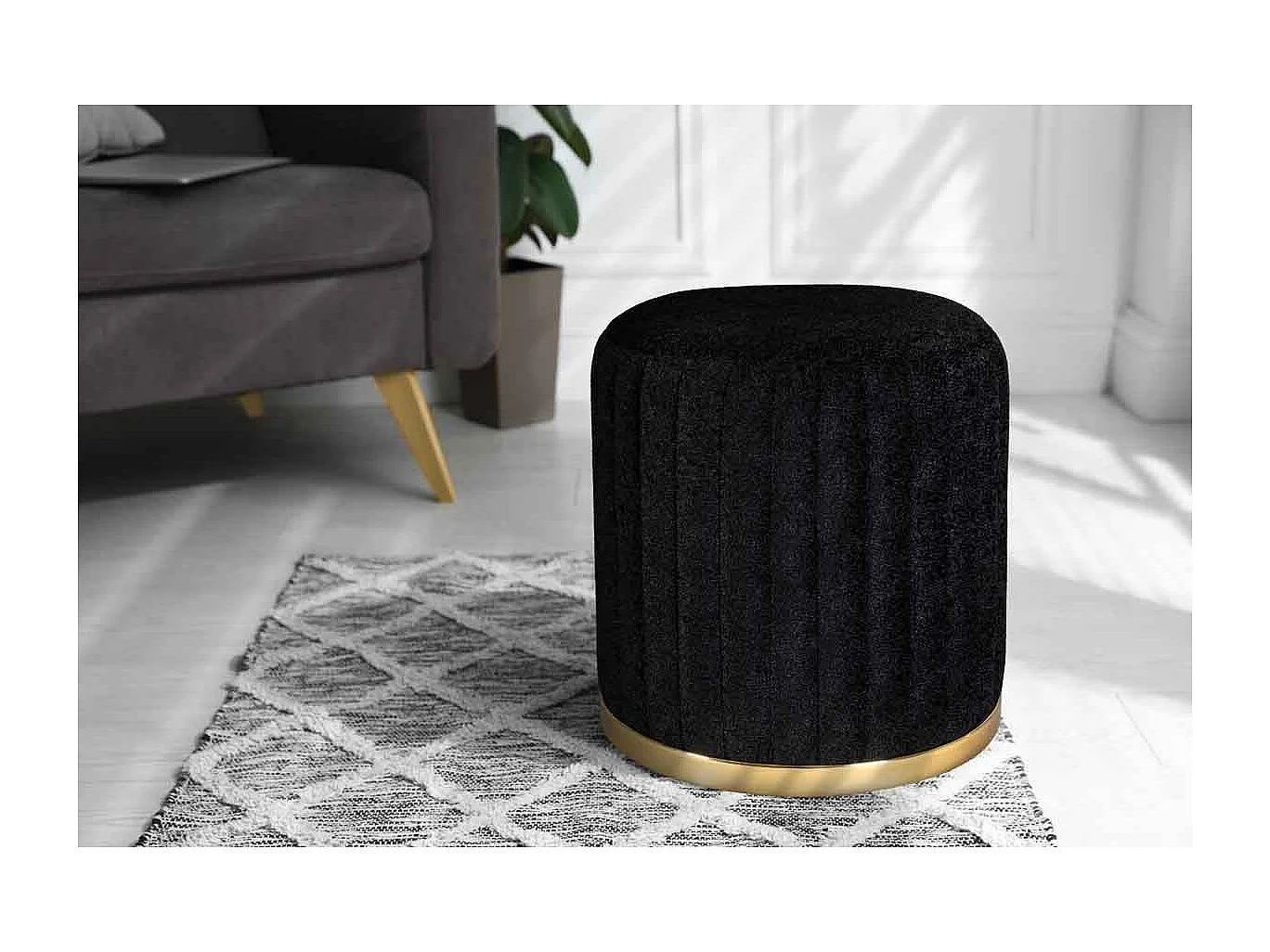 Tabouret Rond Déco "Doric" 46cm Noir & Or