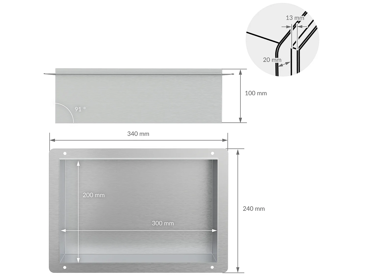 Nicho de pared Estante de ducha Acero inoxidable Estante de ducha Plata 30 x 20