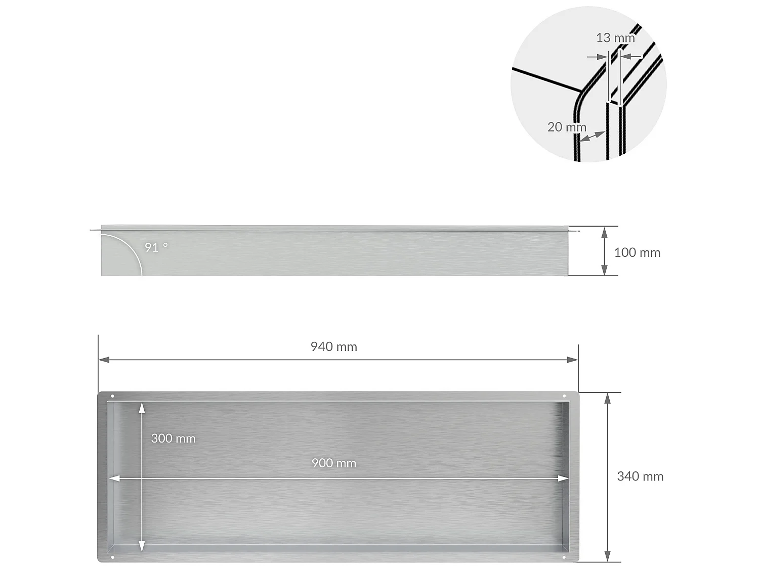 Nicho de pared Estante de ducha Acero inoxidable Estante de ducha Plata 90 x 30