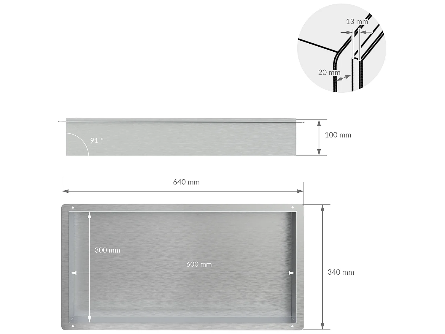 Nicchia doccia Mensola doccia per nicchia da incasso a muro con struttura in acciaio inox argento 60x30 cm