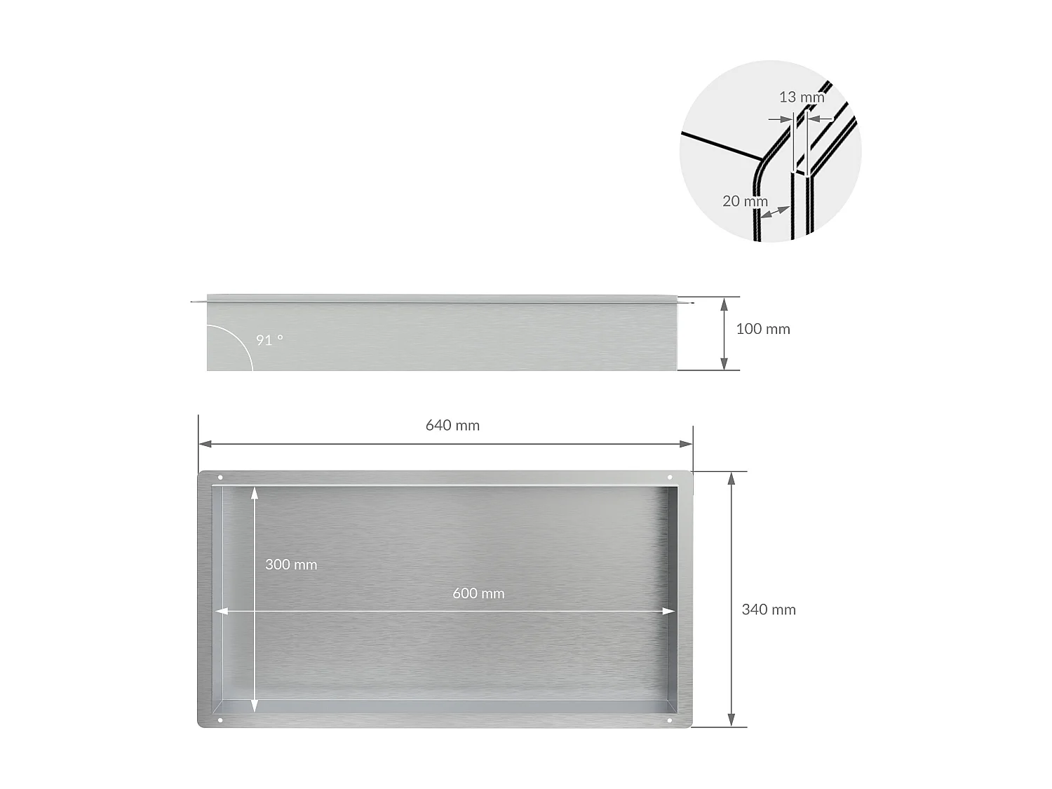 Niche de douche 60x30 cm argent en acier inoxydable cadre encastré niche murale tablette de douche
