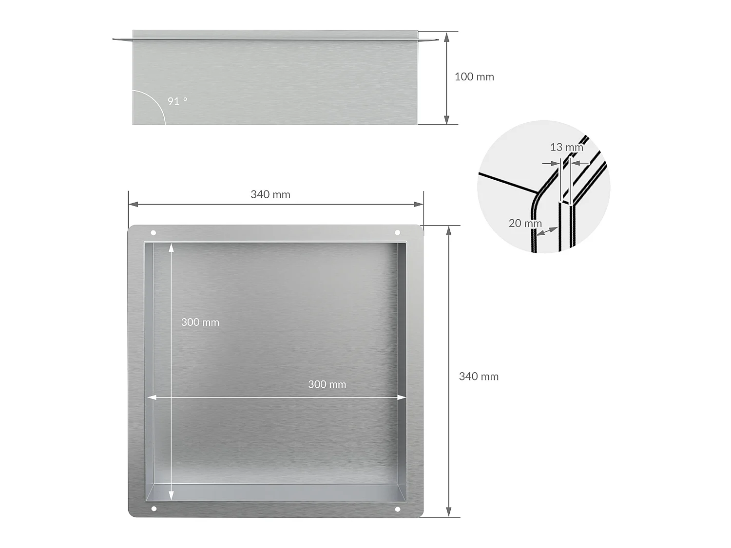 Niche de douche 30x30 cm argent en acier inoxydable cadre encastré niche murale tablette de douche