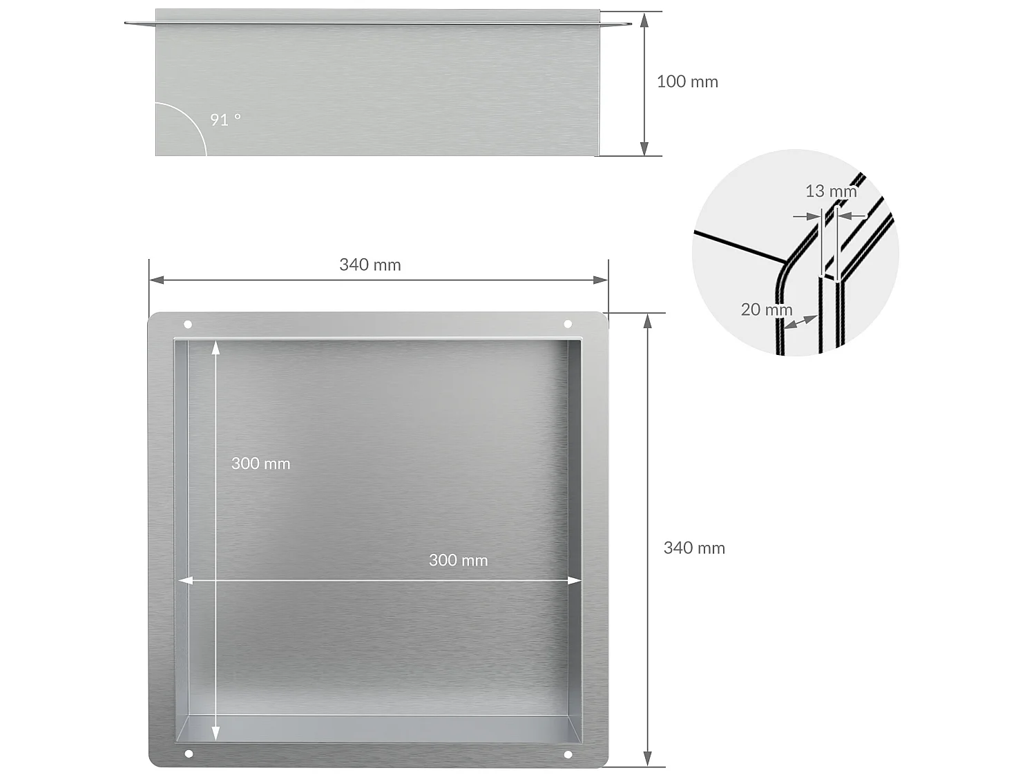 Niche de douche 30x30 cm argent en acier inoxydable cadre encastré niche murale tablette de douche