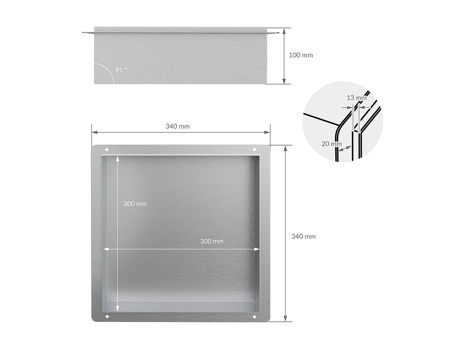 Niche de douche 30x30 cm argent en acier inoxydable cadre encastré niche murale tablette de douche