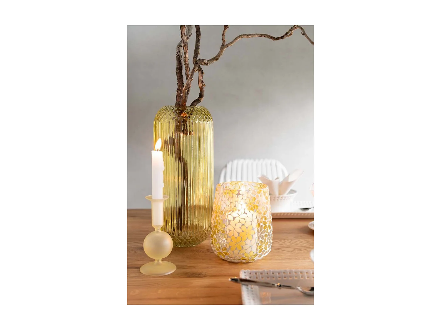 Photophore Design en Verre "Fleurs" 18cm Jaune