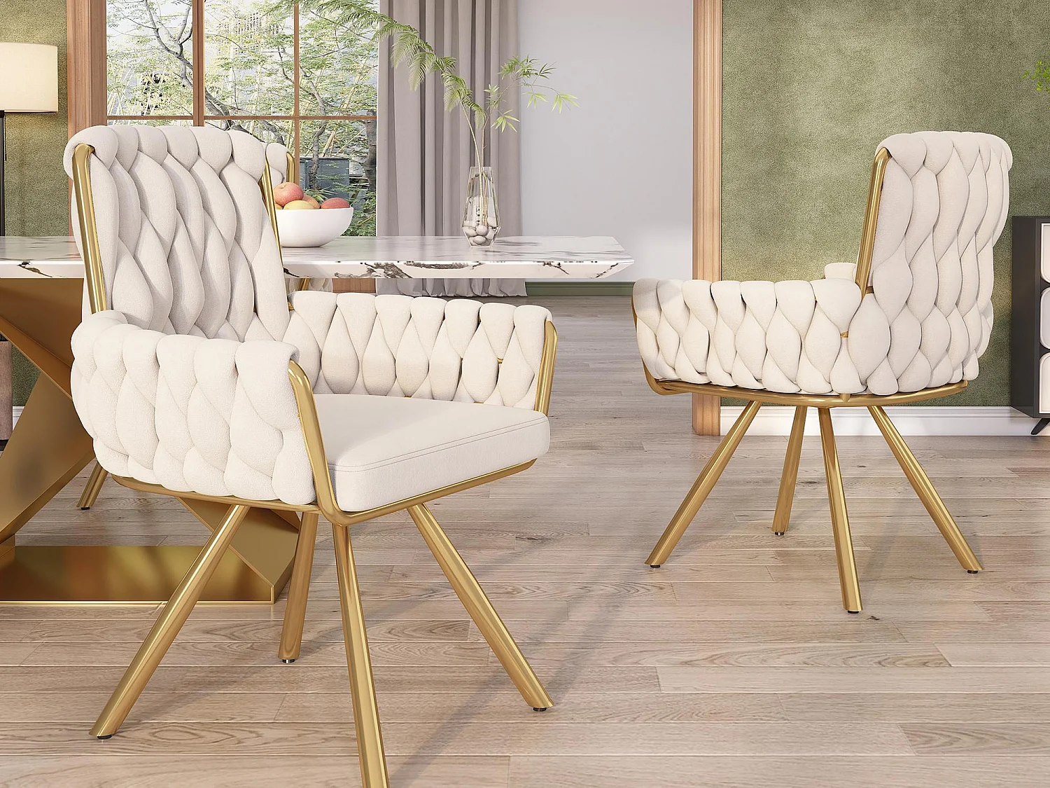 Stuhl 2er-Set aus Samt mit Armlehnen – goldene Metallbeine – Beige